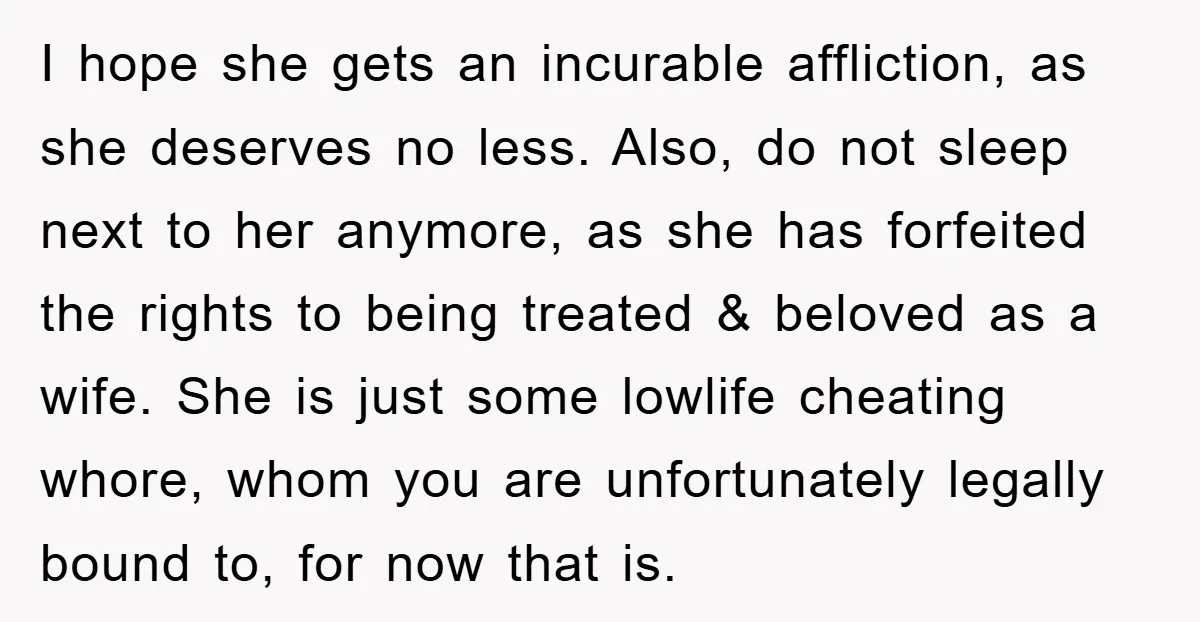 I hope she gets an incurable affliction, as she deserves no less. Also, do not sleep next to her anymore, as she has forfeited the rights to being treated &...