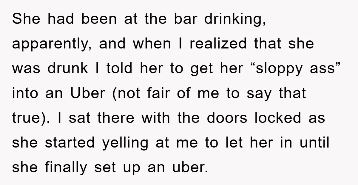 She had been at the bar drinking, apparently, and when I realized that she was drunk I told her to get her “sloppy ass” into an Uber (not fair of...