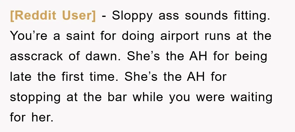 [Reddit User] − Sloppy ass sounds fitting. You’re a saint for doing airport runs at the asscrack of dawn. She’s the AH for being late the first time. She’s the...