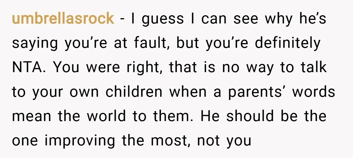 umbrellasrock − I guess I can see why he’s saying you’re at fault, but you’re definitely NTA. You were right, that is no way to talk to your own children...