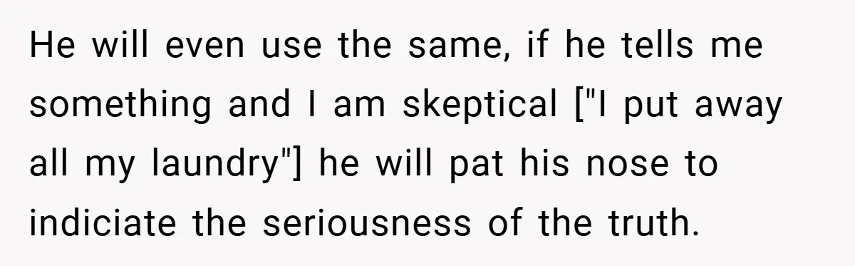 He will even use the same, if he tells me something and I am skeptical ["I put away all my laundry"] he will pat his nose to indiciate the seriousness...