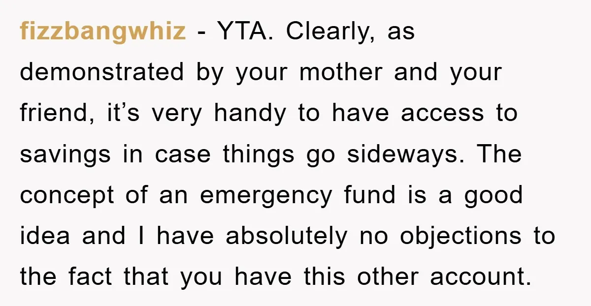fizzbangwhiz − YTA. Clearly, as demonstrated by your mother and your friend, it’s very handy to have access to savings in case things go sideways. The concept of an emergency...