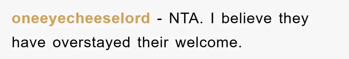 oneeyecheeselord − NTA. I believe they have overstayed their welcome.