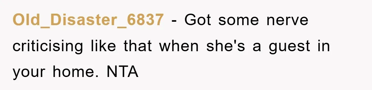 Old_Disaster_6837 − Got some nerve criticising like that when she's a guest in your home. NTA