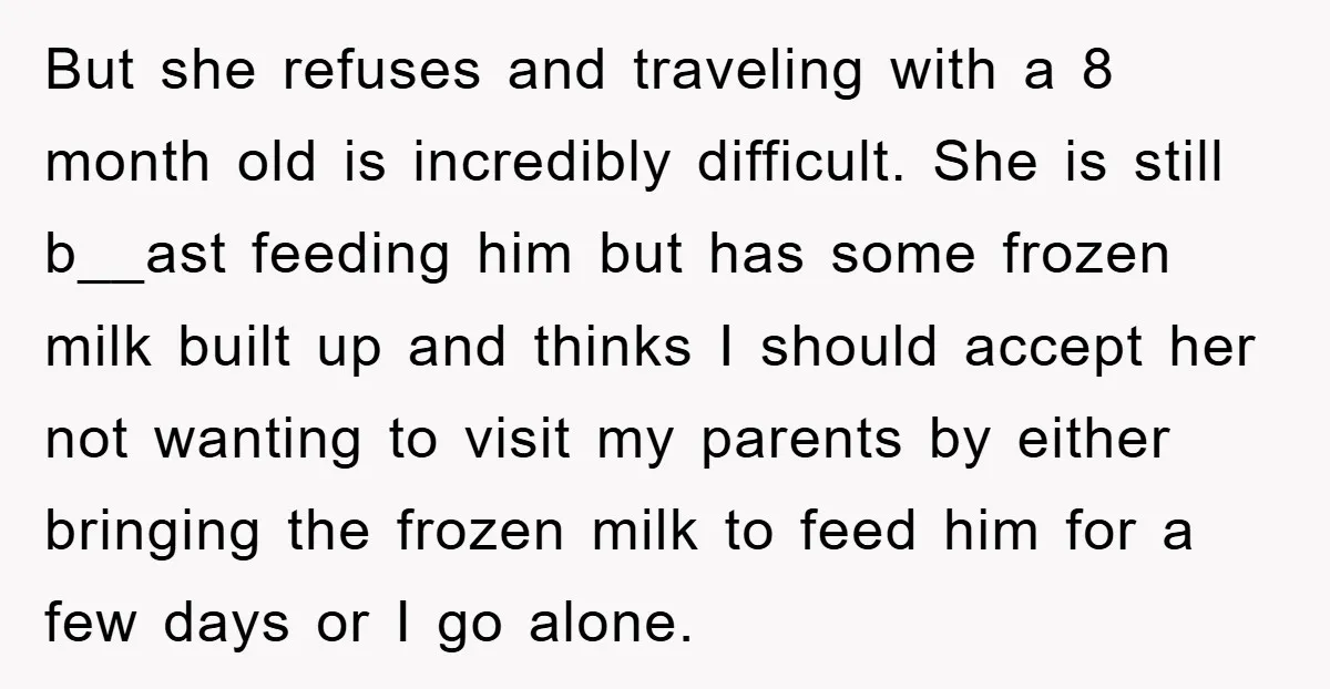 But she refuses and traveling with a 8 month old is incredibly difficult. She is still b__ast feeding him but has some frozen milk built up and thinks I should...