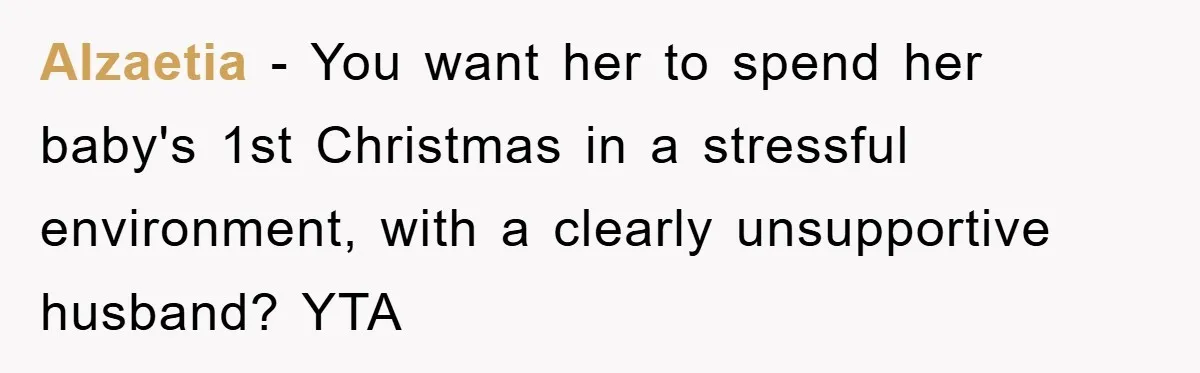 Alzaetia − You want her to spend her baby's 1st Christmas in a stressful environment, with a clearly unsupportive husband? YTA