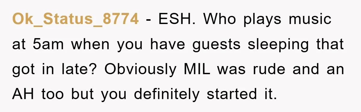 Ok_Status_8774 − ESH. Who plays music at 5am when you have guests sleeping that got in late? Obviously MIL was rude and an AH too but you definitely started it.