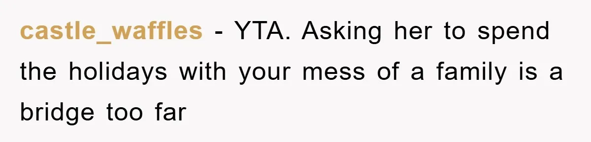 castle_waffles − YTA. Asking her to spend the holidays with your mess of a family is a bridge too far