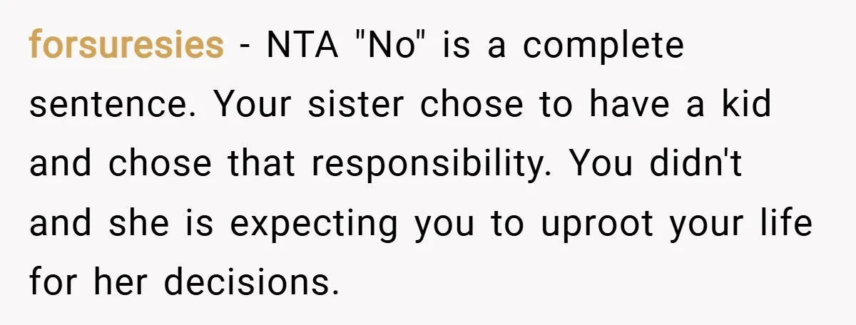 forsuresies − NTA "No" is a complete sentence. Your sister chose to have a kid and chose that responsibility. You didn't and she is expecting you to uproot your life...