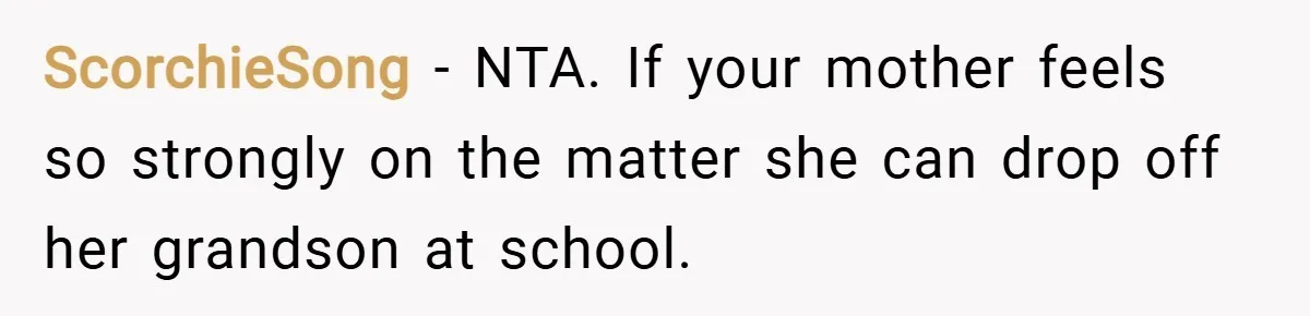 ScorchieSong − NTA. If your mother feels so strongly on the matter she can drop off her grandson at school.