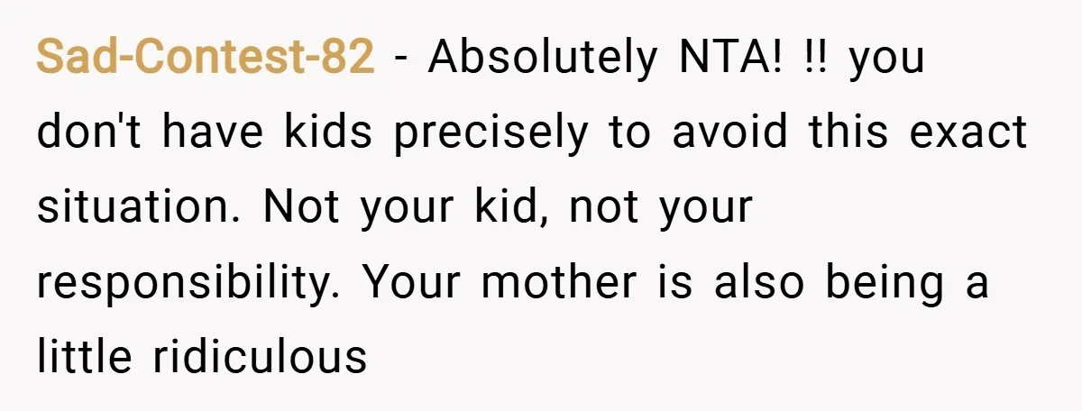 Sad-Contest-82 − Absolutely NTA! !! you don't have kids precisely to avoid this exact situation. Not your kid, not your responsibility. Your mother is also being a little ridiculous