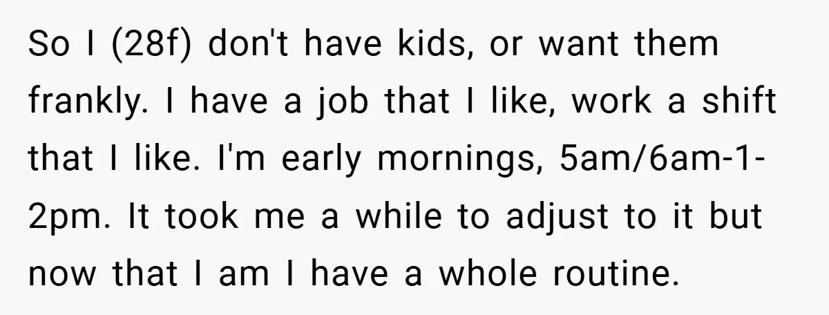 So I (28f) don't have kids, or want them frankly. I have a job that I like, work a shift that I like. I'm early mornings, 5am/6am-1-2pm. It took me...