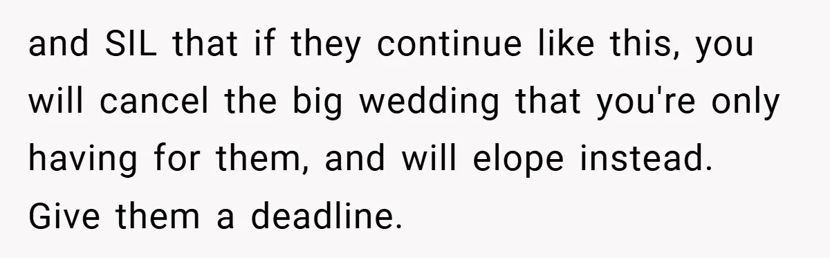 and SIL that if they continue like this, you will cancel the big wedding that you're only having for them, and will elope instead. Give them a deadline.