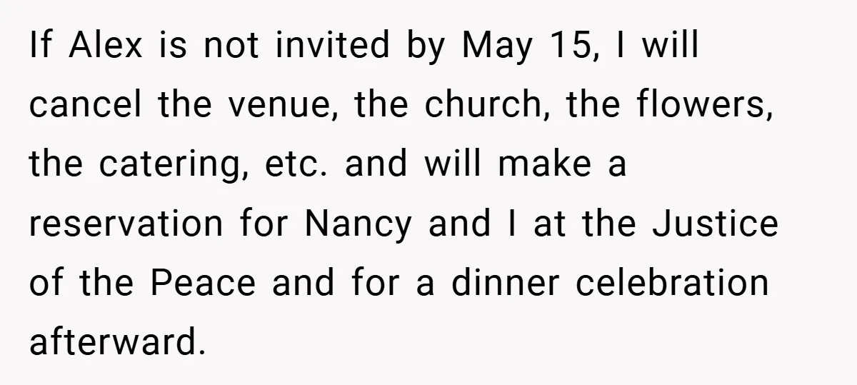 If Alex is not invited by May 15, I will cancel the venue, the church, the flowers, the catering, etc. and will make a reservation for Nancy and I at...