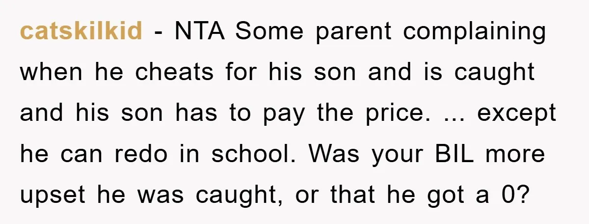 catskilkid − NTA Some parent complaining when he cheats for his son and is caught and his son has to pay the price. ... except he can redo in school....