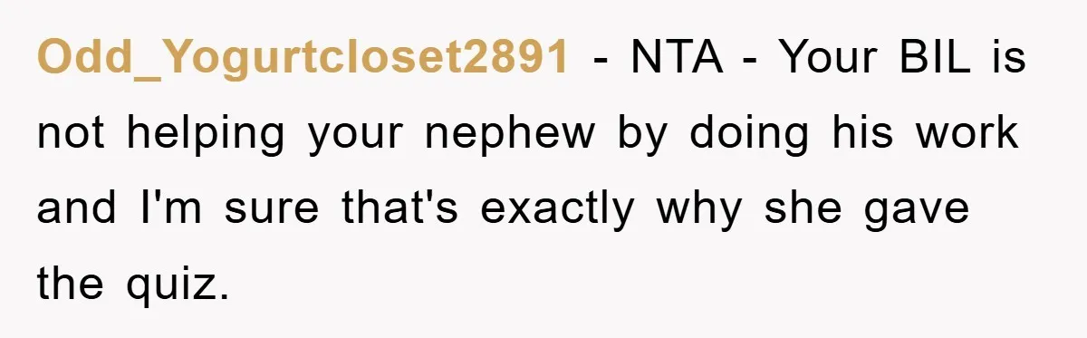 Odd_Yogurtcloset2891 − NTA - Your BIL is not helping your nephew by doing his work and I'm sure that's exactly why she gave the quiz.