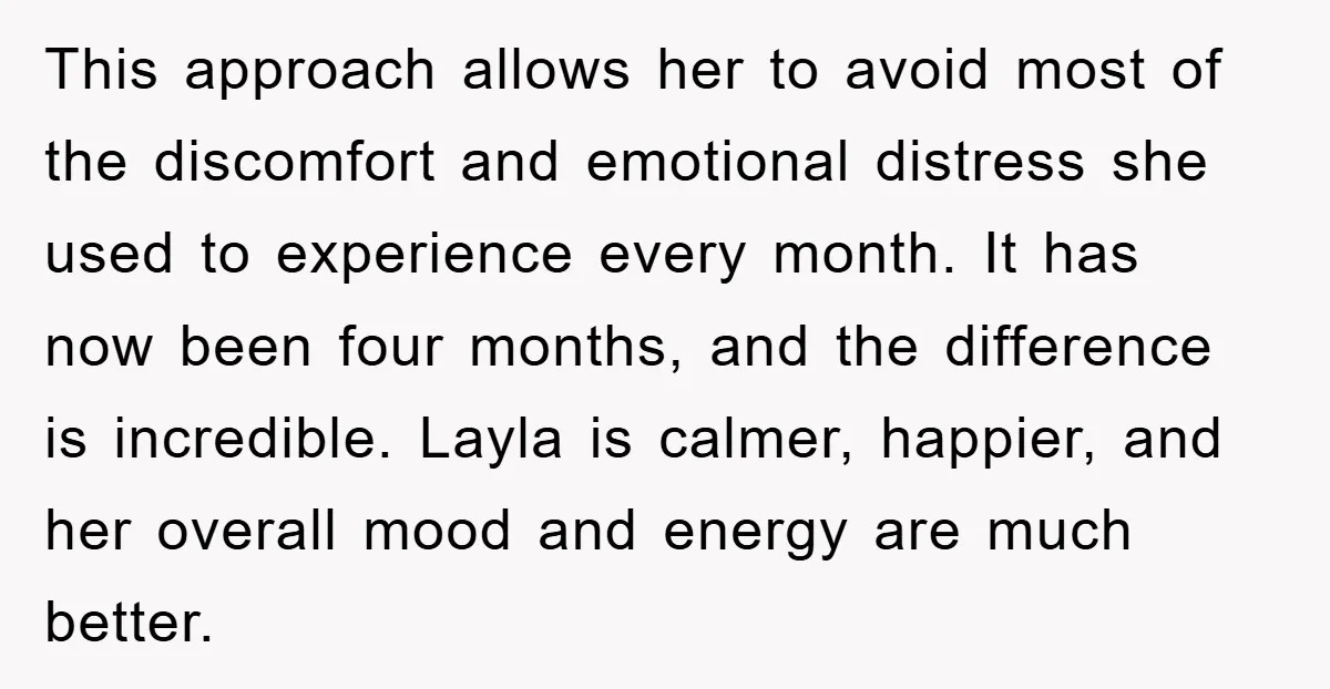 This approach allows her to avoid most of the discomfort and emotional distress she used to experience every month. It has now been four months, and the difference is incredible....