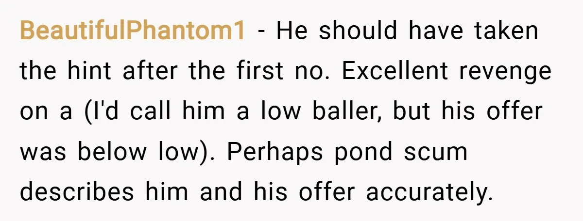 BeautifulPhantom1 − He should have taken the hint after the first no. Excellent revenge on a (I'd call him a low baller, but his offer was below low). Perhaps pond...