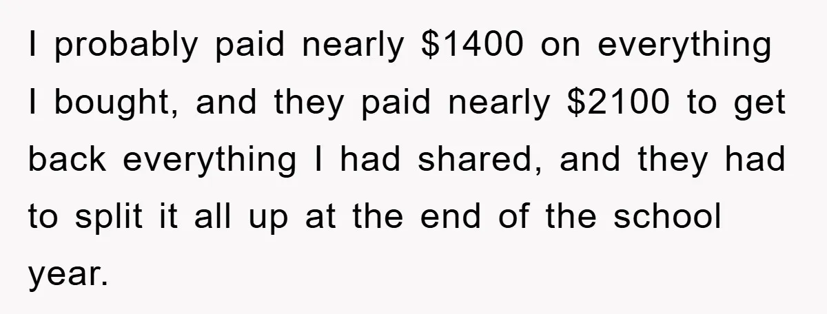 I probably paid nearly $1400 on everything I bought, and they paid nearly $2100 to get back everything I had shared, and they had to split it all up at...