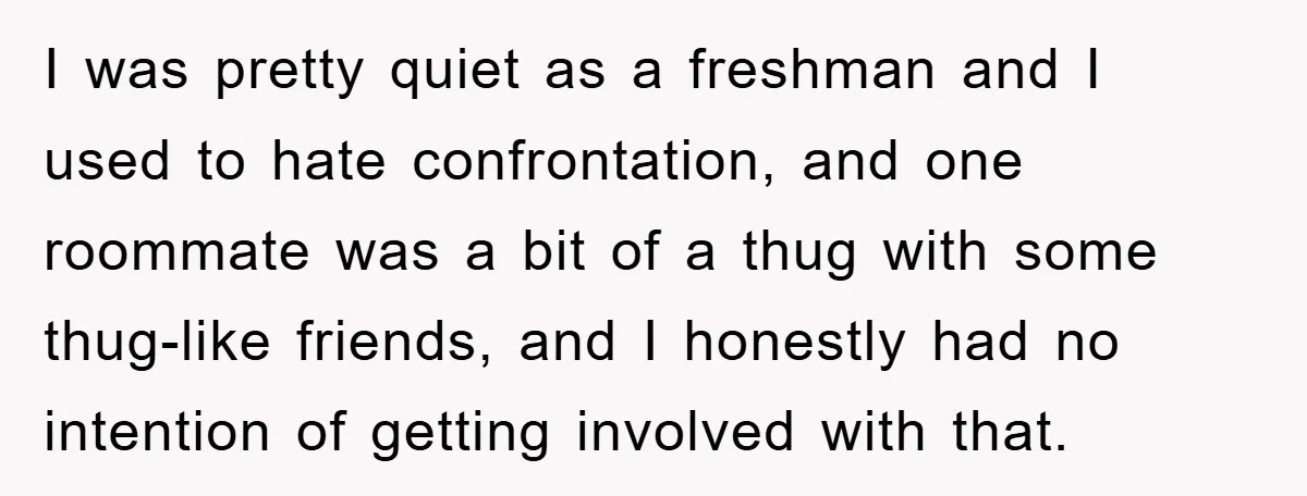 I was pretty quiet as a freshman and I used to hate confrontation, and one roommate was a bit of a thug with some thug-like friends, and I honestly had...