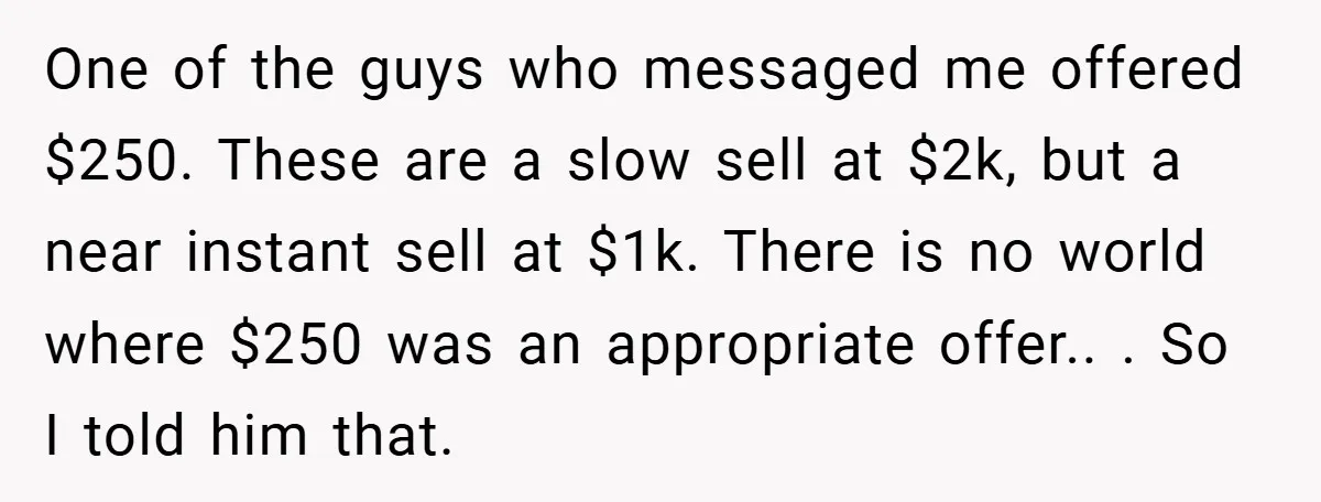 One of the guys who messaged me offered $250. These are a slow sell at $2k, but a near instant sell at $1k. There is no world where $250 was...