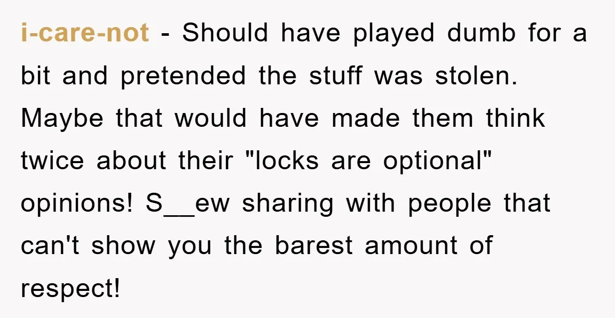 i-care-not − Should have played dumb for a bit and pretended the stuff was stolen. Maybe that would have made them think twice about their "locks are optional" opinions! S__ew...