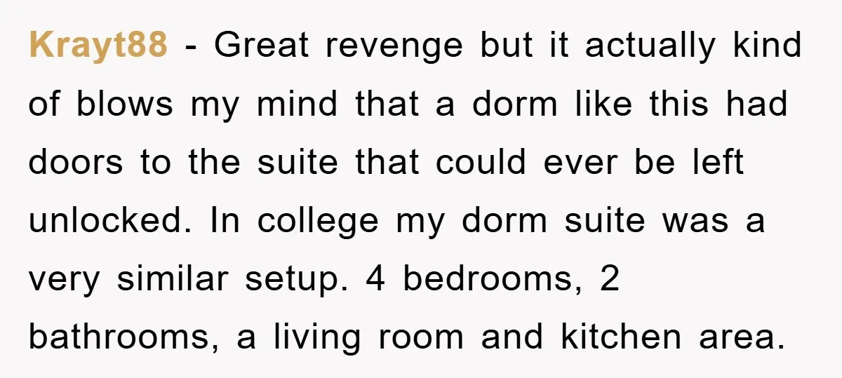 Krayt88 − Great revenge but it actually kind of blows my mind that a dorm like this had doors to the suite that could ever be left unlocked. In college...