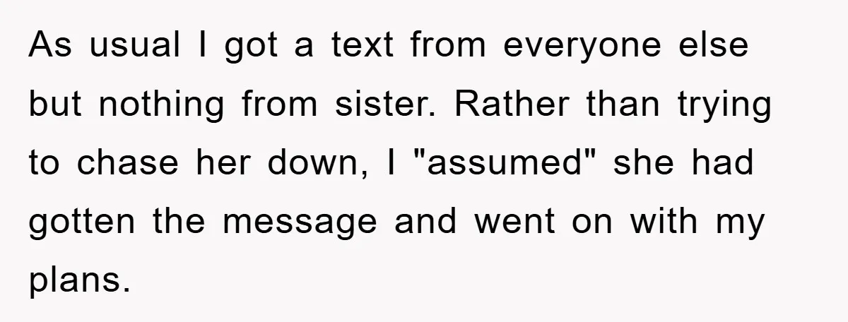 As usual I got a text from everyone else but nothing from sister. Rather than trying to chase her down, I "assumed" she had gotten the message and went on...