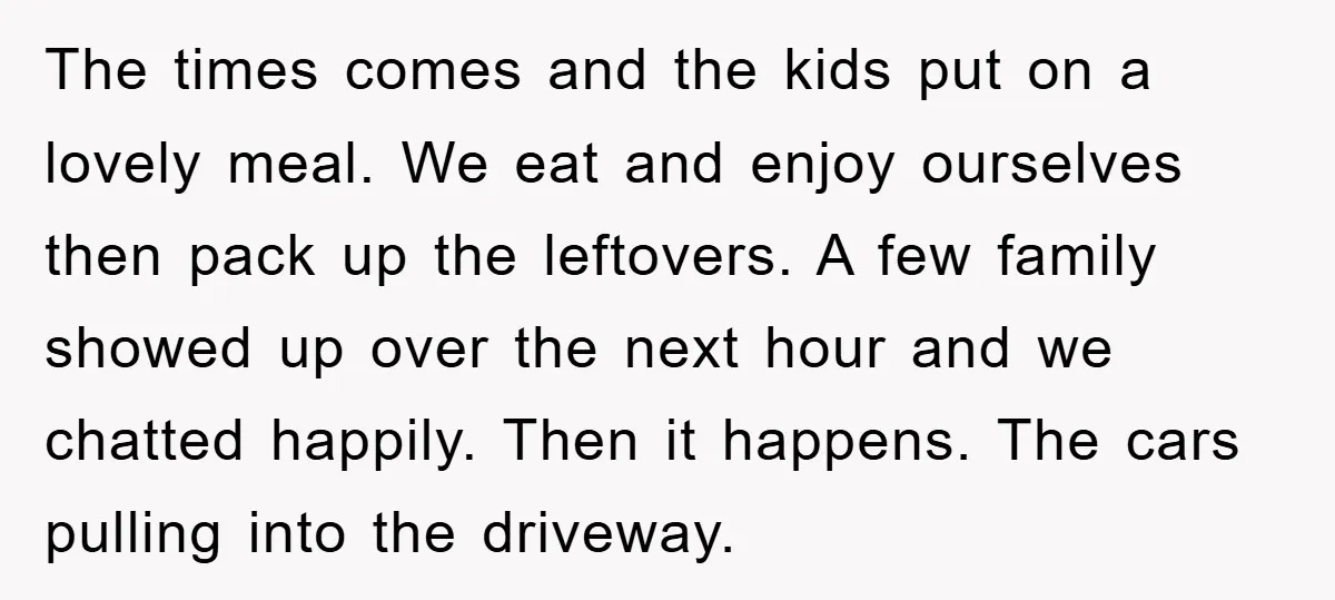 The times comes and the kids put on a lovely meal. We eat and enjoy ourselves then pack up the leftovers. A few family showed up over the next hour...