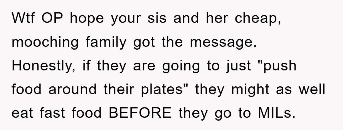 Wtf OP hope your sis and her cheap, mooching family got the message. Honestly, if they are going to just "push food around their plates" they might as well eat...