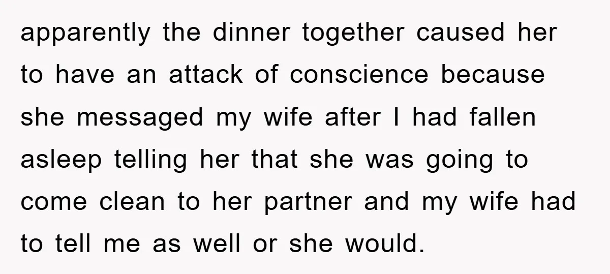 apparently the dinner together caused her to have an attack of conscience because she messaged my wife after I had fallen asleep telling her that she was going to come...
