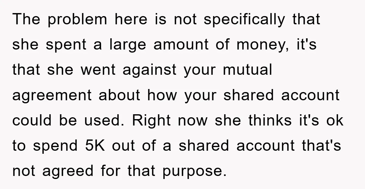 The problem here is not specifically that she spent a large amount of money, it's that she went against your mutual agreement about how your shared account could be used....