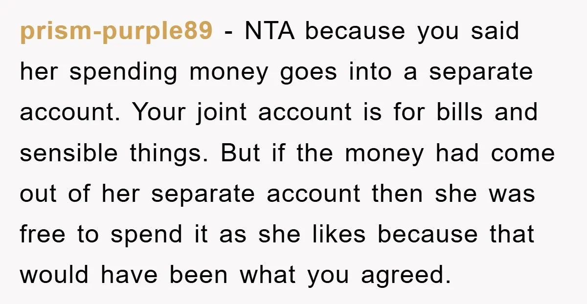 prism-purple89 - NTA because you said her spending money goes into a separate account. Your joint account is for bills and sensible things. But if the money had come out...