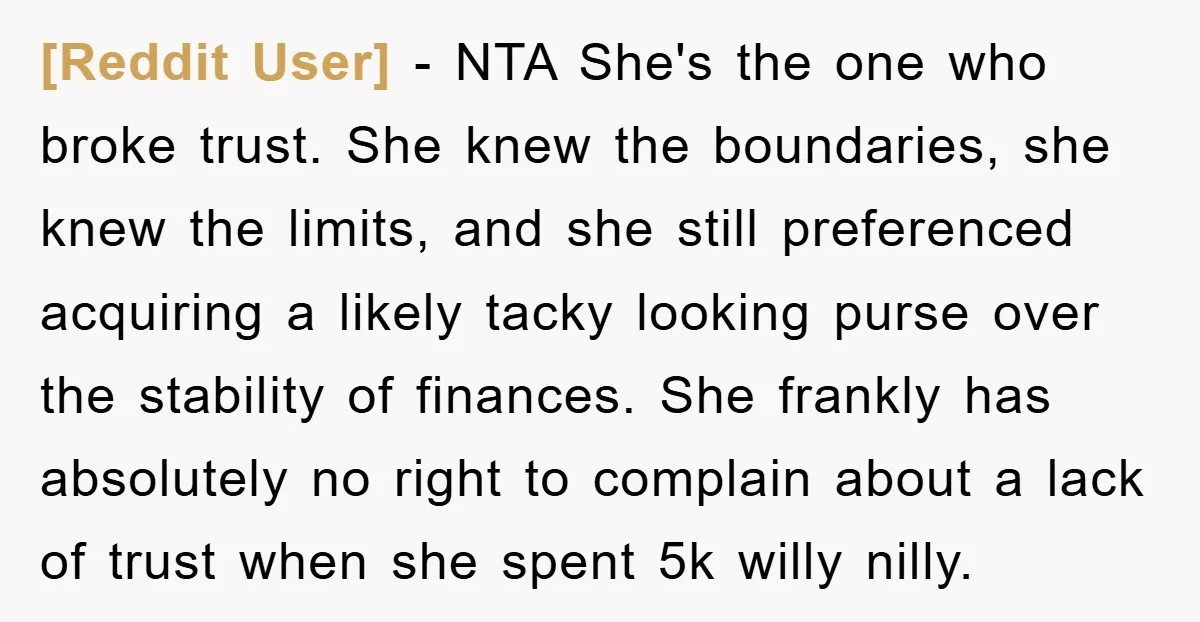 [Reddit User] - NTA She's the one who broke trust. She knew the boundaries, she knew the limits, and she still preferenced acquiring a likely tacky looking purse over the...