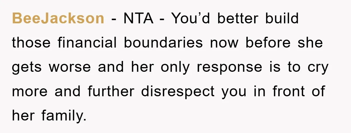 BeeJackson - NTA - You’d better build those financial boundaries now before she gets worse and her only response is to cry more and further disrespect you in front of...