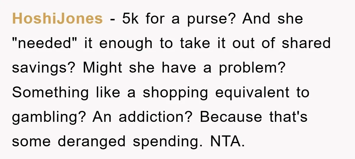 HoshiJones - 5k for a purse? And she "needed" it enough to take it out of shared savings? Might she have a problem? Something like a shopping equivalent to gambling?...