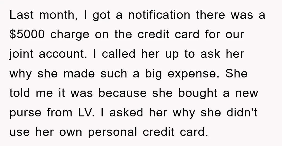Last month, I got a notification there was a $5000 charge on the credit card for our joint account. I called her up to ask her why she made such...