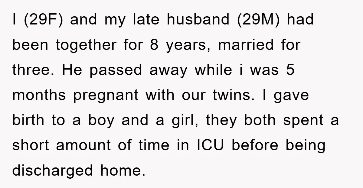 I (29F) and my late husband (29M) had been together for 8 years, married for three. He passed away while i was 5 months pregnant with our twins. I gave...