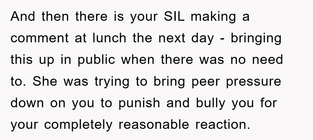 And then there is your SIL making a comment at lunch the next day - bringing this up in public when there was no need to. She was trying to...