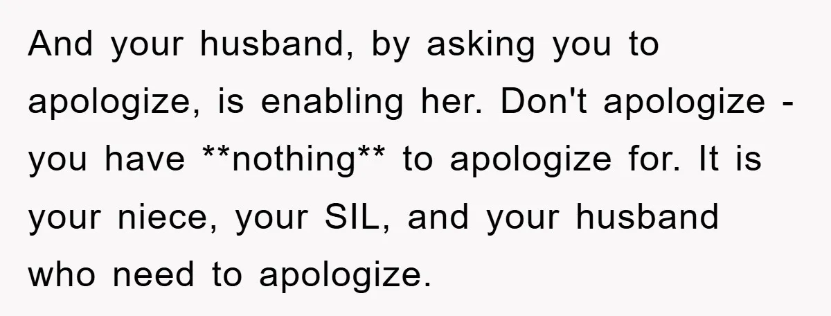 And your husband, by asking you to apologize, is enabling her. Don't apologize - you have **nothing** to apologize for. It is your niece, your SIL, and your husband who...