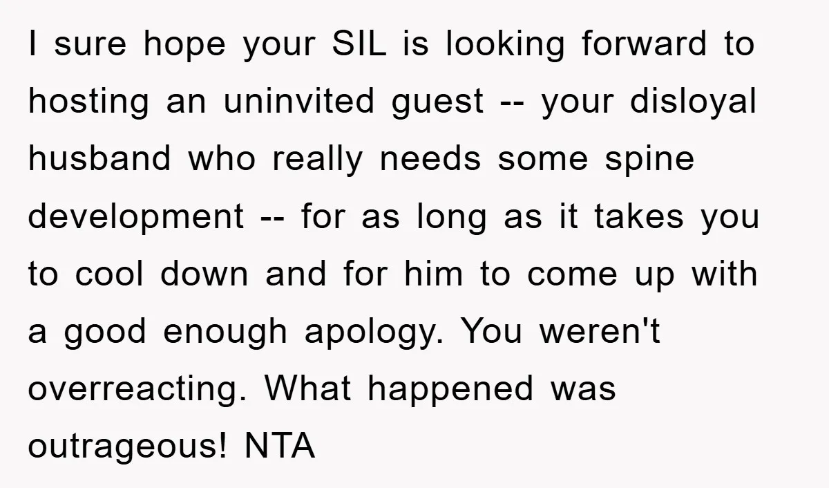 I sure hope your SIL is looking forward to hosting an uninvited guest -- your disloyal husband who really needs some spine development -- for as long as it takes...