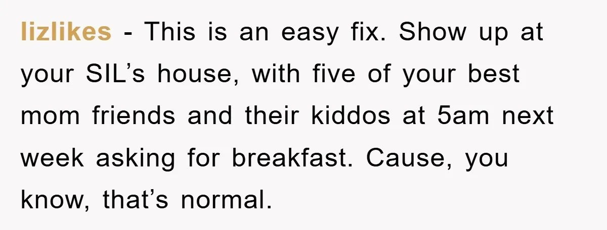 lizlikes − This is an easy fix. Show up at your SIL’s house, with five of your best mom friends and their kiddos at 5am next week asking for breakfast....