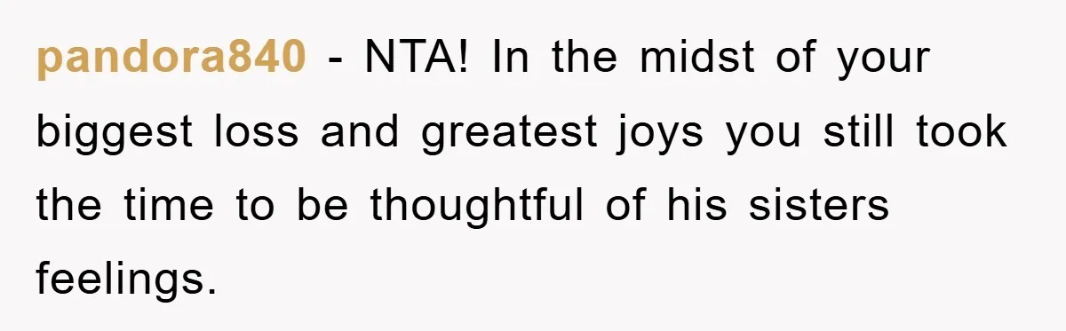 pandora840 − NTA! In the midst of your biggest loss and greatest joys you still took the time to be thoughtful of his sisters feelings.
