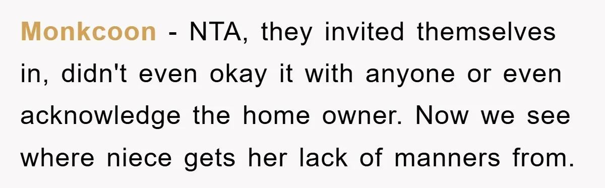Monkcoon − NTA, they invited themselves in, didn't even okay it with anyone or even acknowledge the home owner. Now we see where niece gets her lack of manners from.