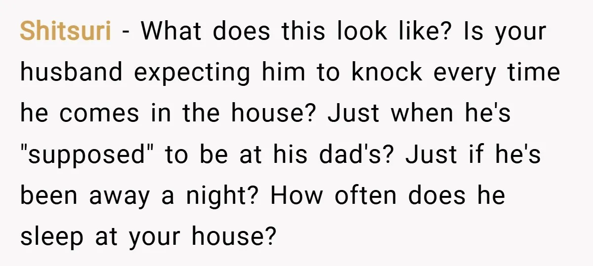 Shitsuri − What does this look like? Is your husband expecting him to knock every time he comes in the house? Just when he's "supposed" to be at his dad's?...