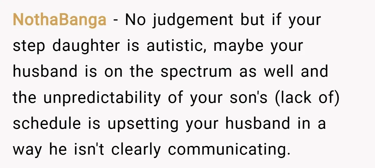 NothaBanga − No judgement but if your step daughter is autistic, maybe your husband is on the spectrum as well and the unpredictability of your son's (lack of) schedule is...