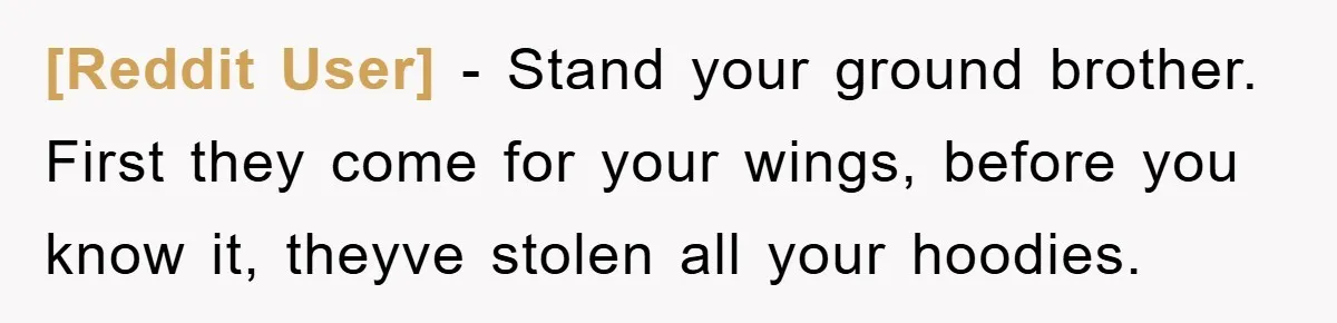 [Reddit User] - Stand your ground brother. First they come for your wings, before you know it, theyve stolen all your hoodies.