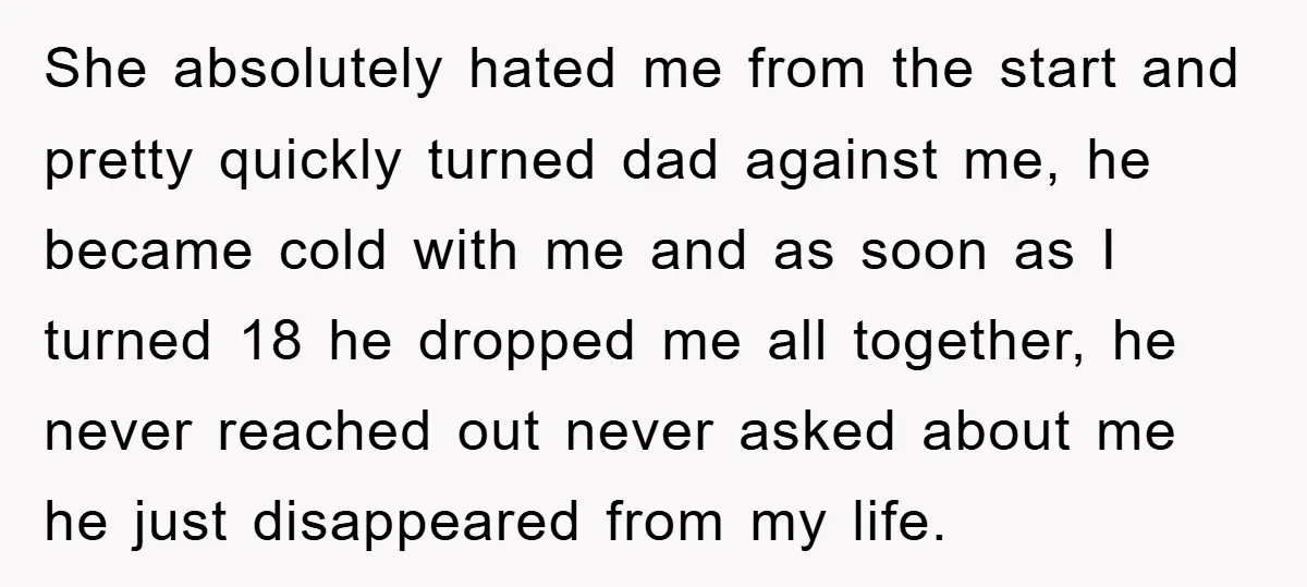 She absolutely hated me from the start and pretty quickly turned dad against me, he became cold with me and as soon as I turned 18 he dropped me all...