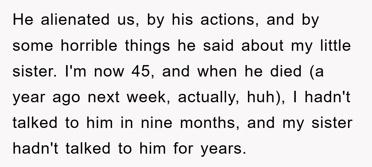 He alienated us, by his actions, and by some horrible things he said about my little sister. I'm now 45, and when he died (a year ago next week, actually,...