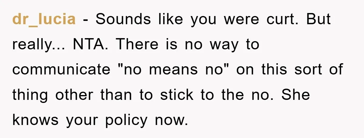 dr_lucia - Sounds like you were curt. But really... NTA. There is no way to communicate "no means no" on this sort of thing other than to stick to the...